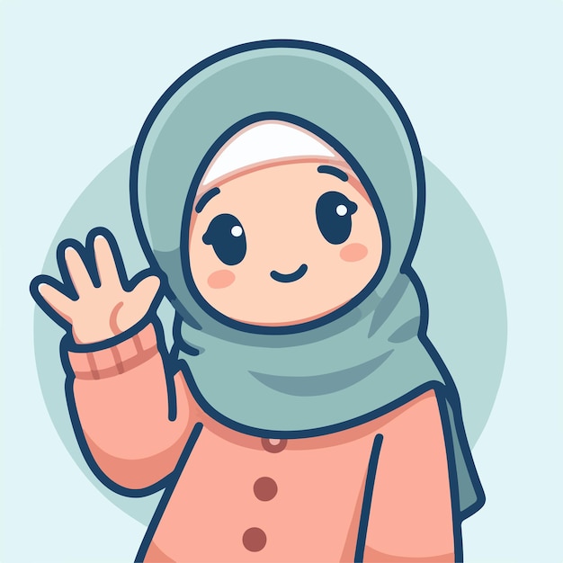 Illustration of a Muslim woman saying hello with a simple and minimalist flat design style