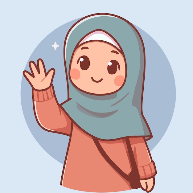 Illustration of a Muslim woman saying hello with a simple and minimalist flat design style
