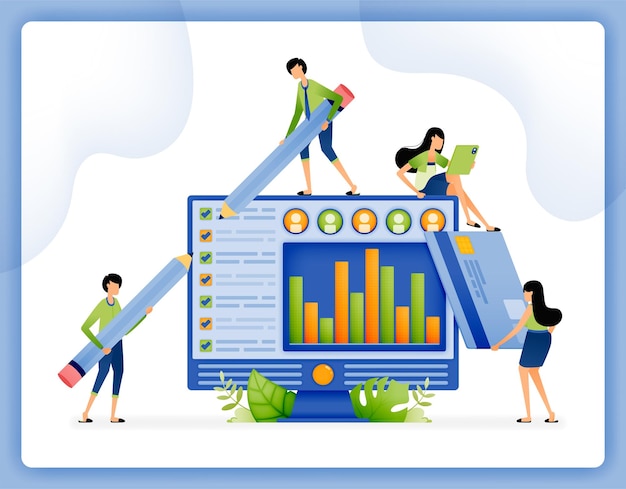 illustration of a person analyzing a customer credit score to apply for a credit card debt loan design can be used for landing page startup apps web page ads