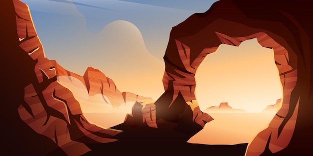 Illustration of a sunset with hilly rocks in the desert