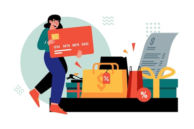 Illustration of a woman buying discounted items with a credit card