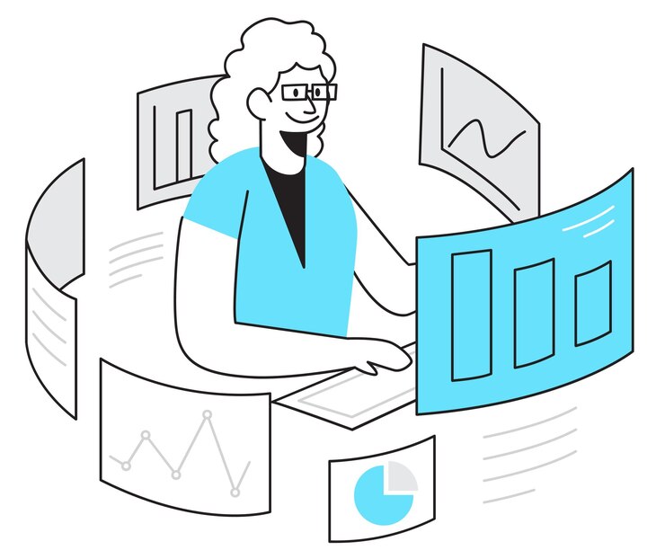 Vector illustration of a woman working on a laptop and analyzing the graph