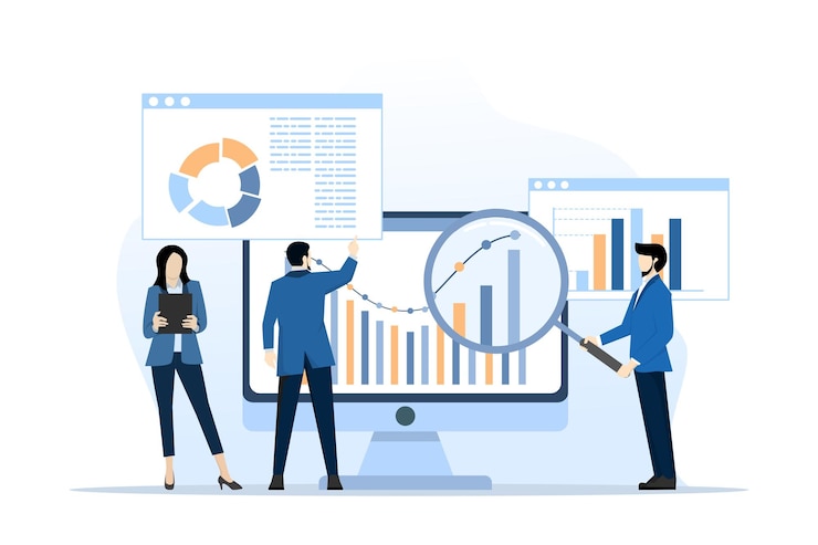 Vector illustration of analytics and monitoring with business team on monitoring reporting dashboard
