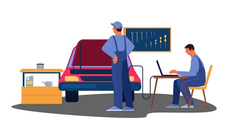 Vector  illustration of automobile got fixed in car service.