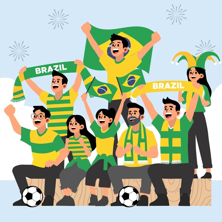 Illustration of Brazil Football Fans Celebrating with Flags and Soccer Elements