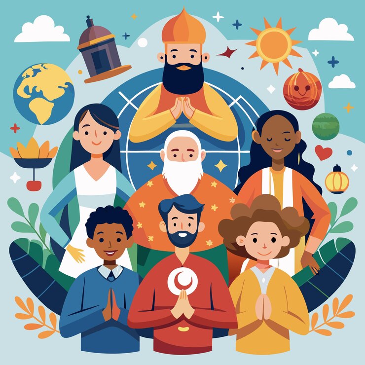 Illustration of Children and Families from Different Faiths Celebrating Together A Vision of Unity and Joy