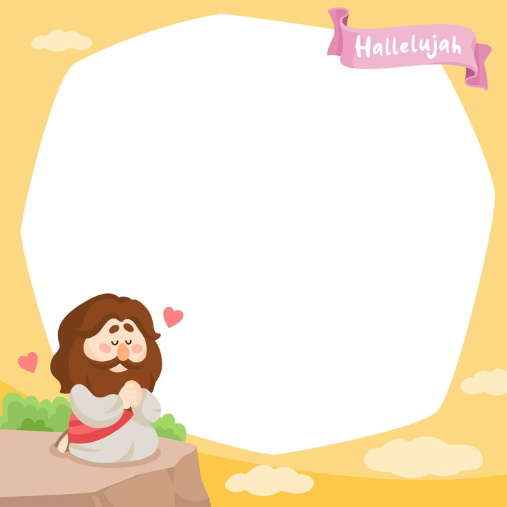 Vector illustration of cute cartoon jesus praying on cliff sunset and hallelujah label card note design