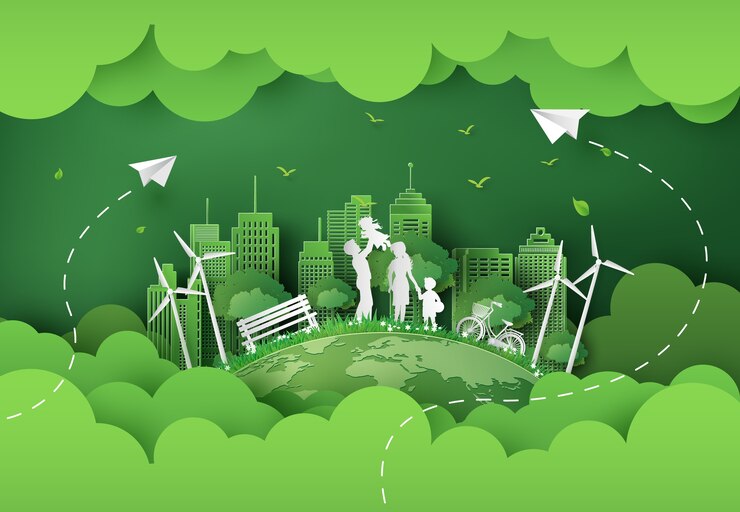 Vector illustration of eco and world environment day with happy family.paper art style.