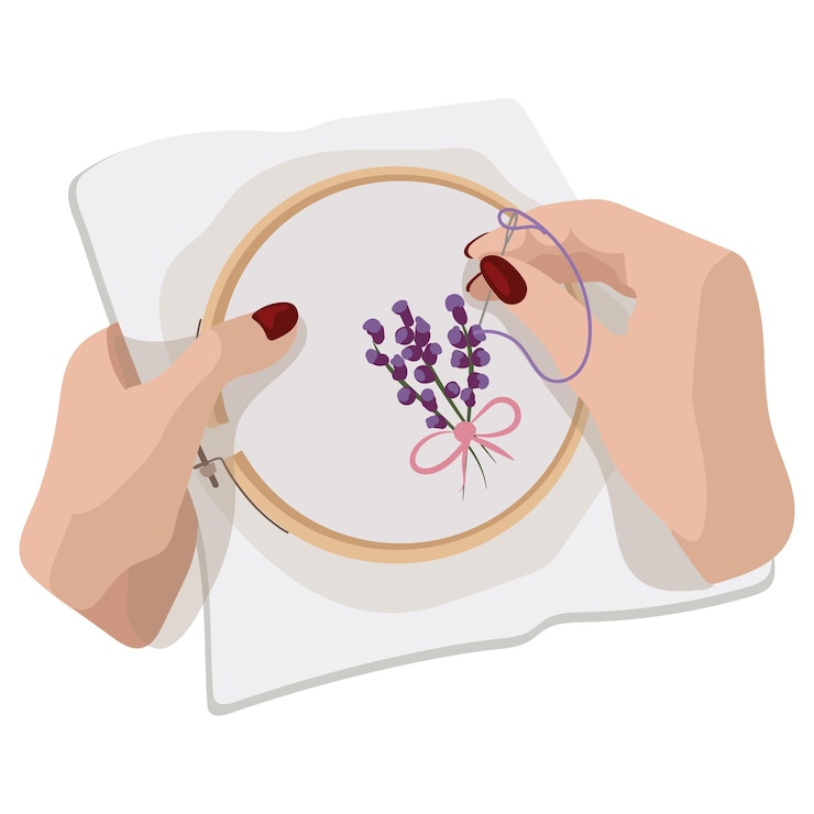 Vector illustration of fabric with embroidery frame embroidery and by hand embroidery in the hands