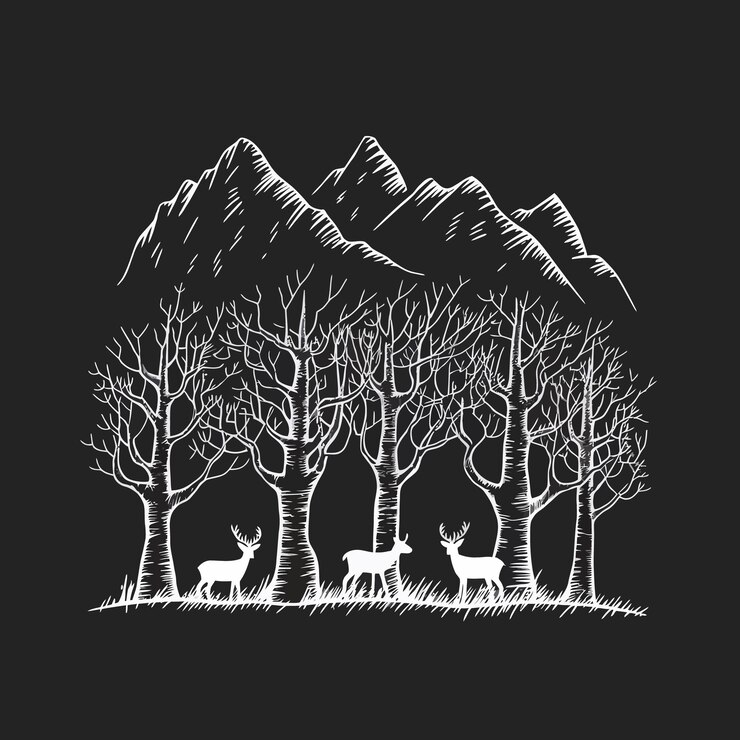 Vector illustration of forest animals with trees and mountains in monochrome style