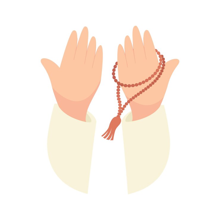 Vector illustration of hands praying vector of hands holding prayer beads culture of prayer in islam