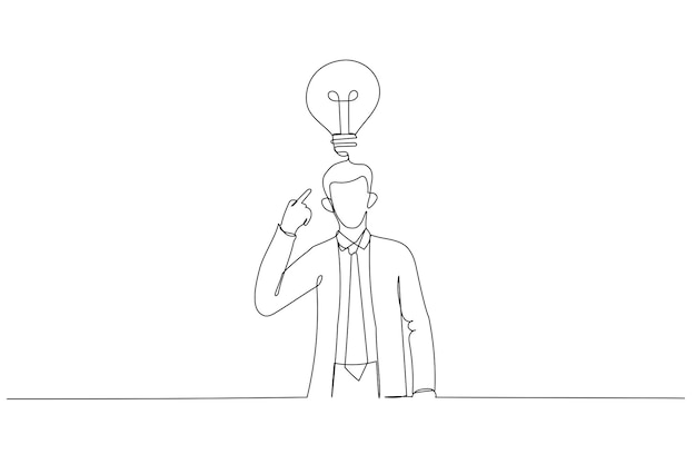 illustration of happy businessman working at his desk and creating a lot of idea bulbs single line art style