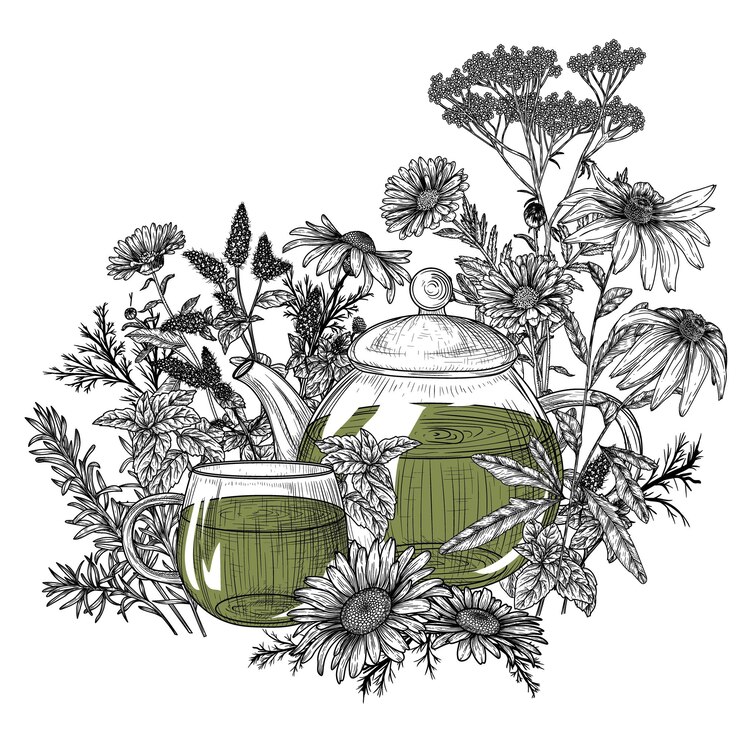 Vector illustration of herbal tea teapot and cup mint chamomile calendula echinacea rosemary