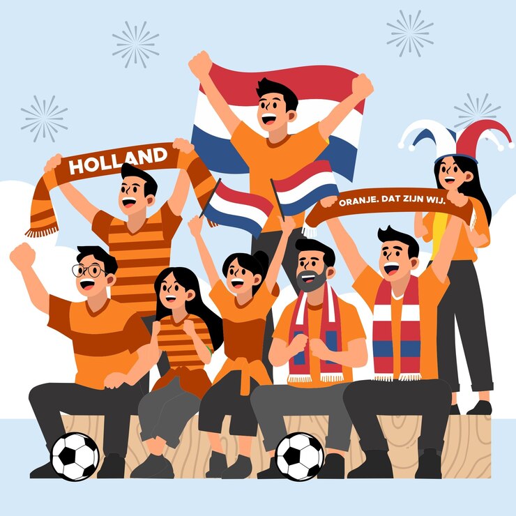 Illustration of Holland Football Fans Cheering with Flags and Soccer Enthusiasm
