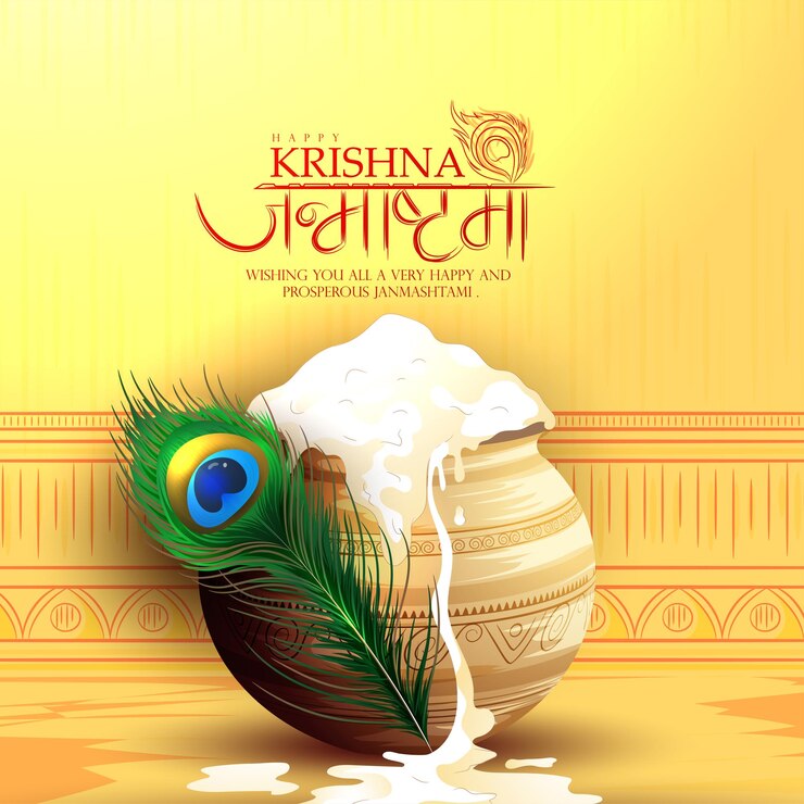 Vector illustration of janmashtami hand lettering with lord krishna flutebansuri on creative background