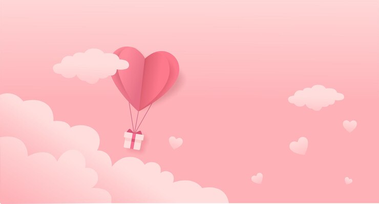 Illustration of love and valentines day Pink heart balloons floating with gifts in the clouds