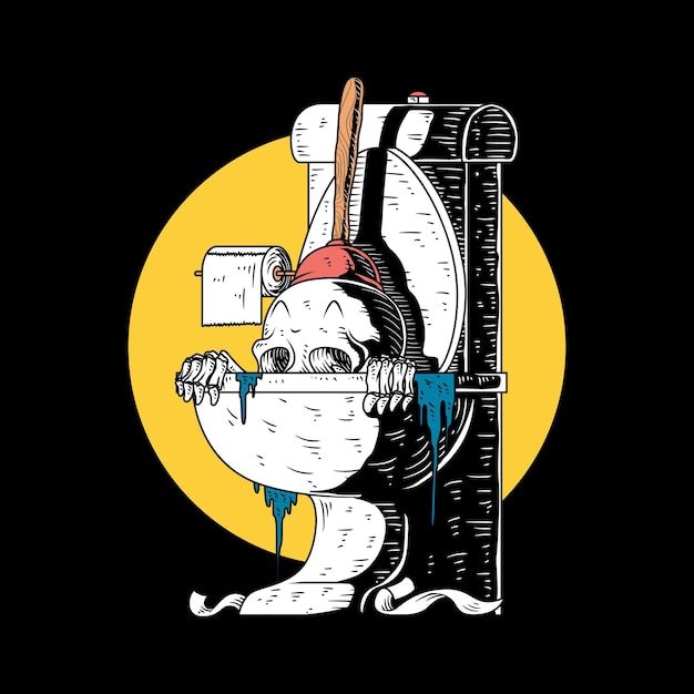 Illustration of skull peeping from toilet