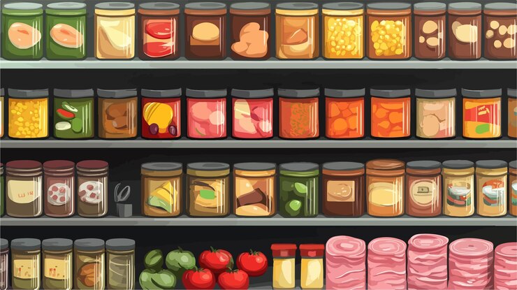 Vector illustration of tinned food on shelves soup and corn selection displayed