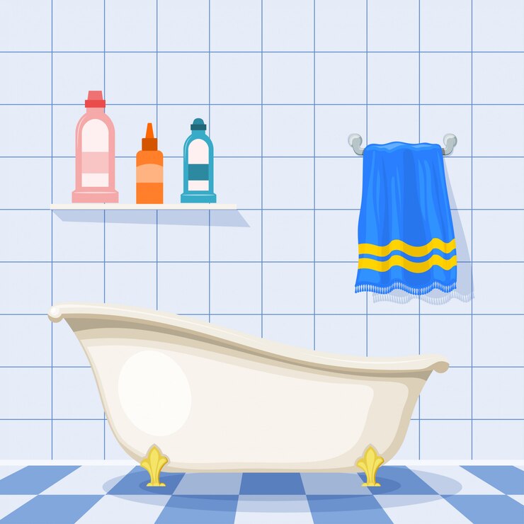 Illustration of vintage bathtub on the tiled floor with plastic bottles of shampoo and a blue towel on the wall. Cartoon style. Set of items for care. Retro bathroom