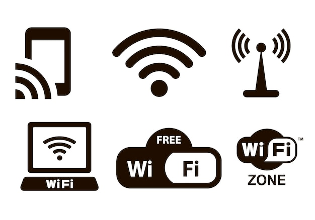Illustration of WiFi icons and logos contain images associated with a wireless Internet connection