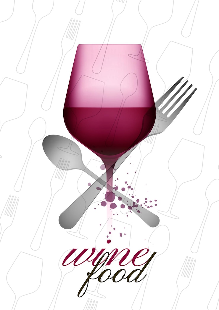 Vector illustration of wine glass with color gradients of red wine and cutlery for food