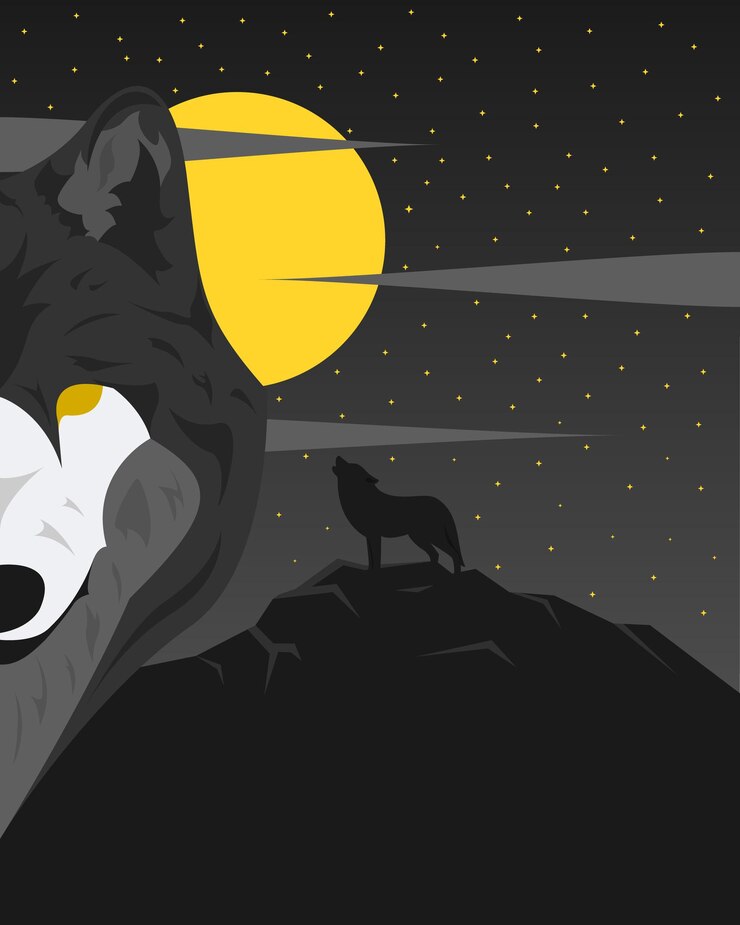 illustration of wolf howling in night forest with full moon