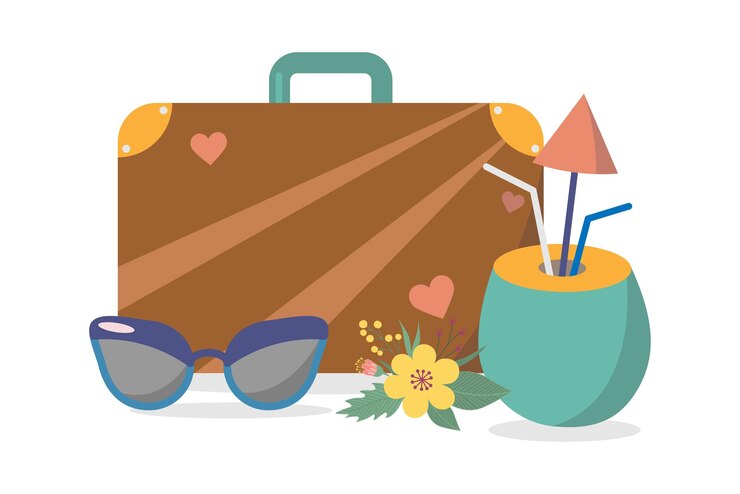 Vector illustration set for vacation with suitcase coconut sunglasses flower