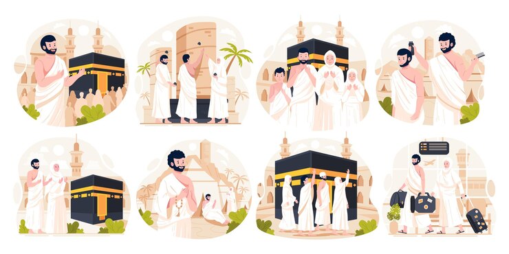 Vector illustration set of islamic hajj pilgrimage muslim people performs the islamic hajj pilgrimage
