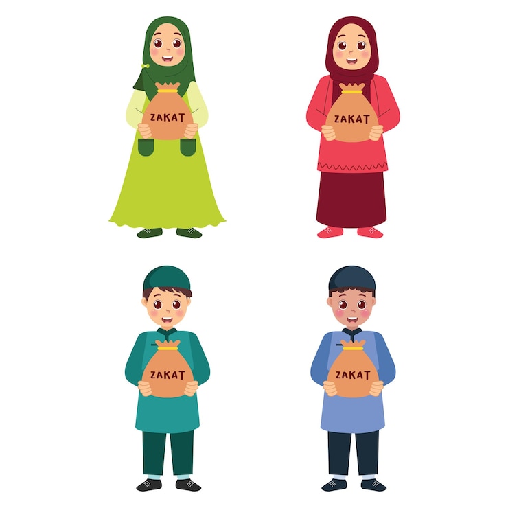 Vector illustration vector cute muslim kids bring zakat bag