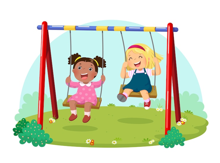 Vector ilustrasi anak-anak lucu bersenang-senang di ayunan di taman bermain