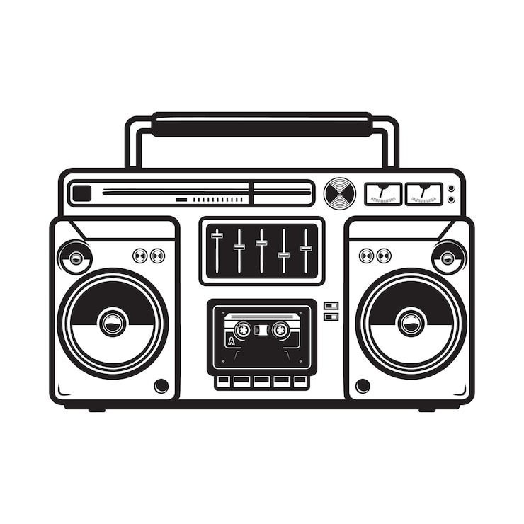 Vector ilustrasi boombox di latar belakang putih. elemen untuk logo, label, lambang, tanda, lencana, poster, kaos. gambar