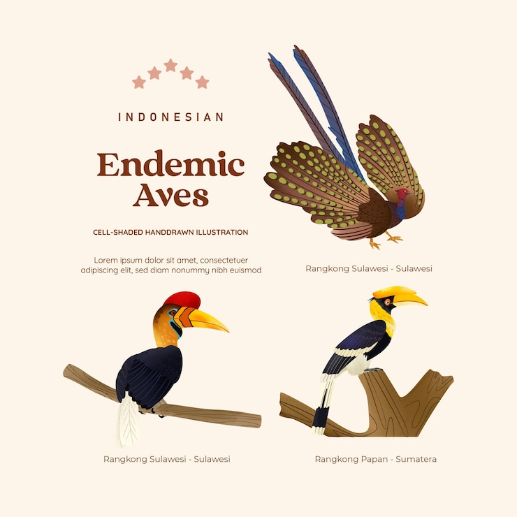 Vector ilustrasi burung aves endemik indonesia terisolasi dengan gaya cell shaded