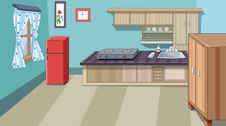 Vector ilustrasi dapur dengan kompor gas, lemari es, lemari, dan peralatan