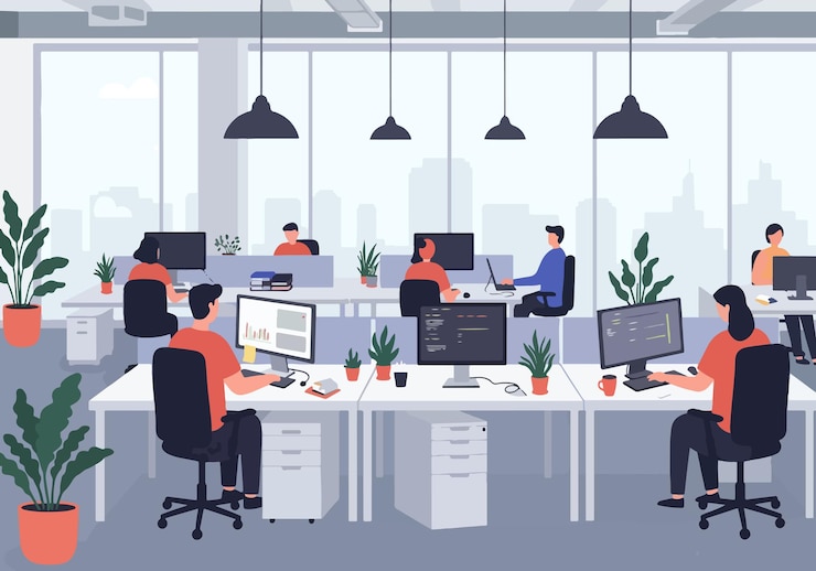 Ilustrasi datar Kantor dengan Tata Letak Terbuka Modern dengan Profesional Bekerja di Meja Kerja Tempat Kerja Bergaya