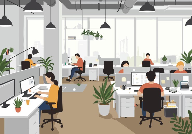 Ilustrasi datar Kantor dengan Tata Letak Terbuka Modern dengan Profesional Bekerja di Meja Kerja Tempat Kerja Bergaya