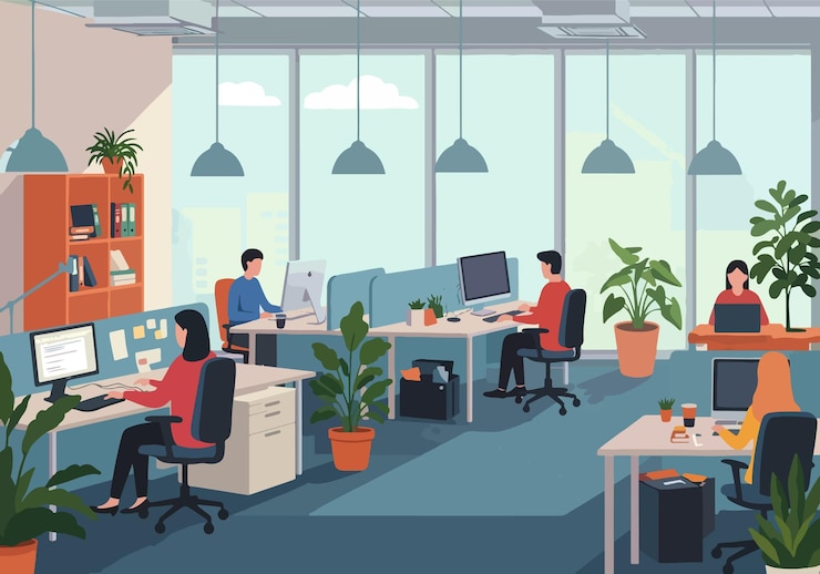 Vector ilustrasi datar kantor dengan tata letak terbuka modern dengan profesional bekerja di meja kerja tempat kerja bergaya