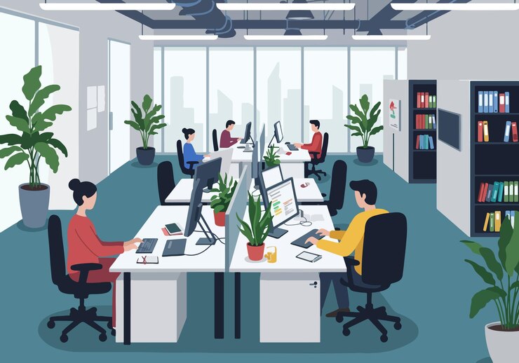 Ilustrasi datar Kantor dengan Tata Letak Terbuka Modern dengan Profesional Bekerja di Meja Kerja Tempat Kerja Bergaya