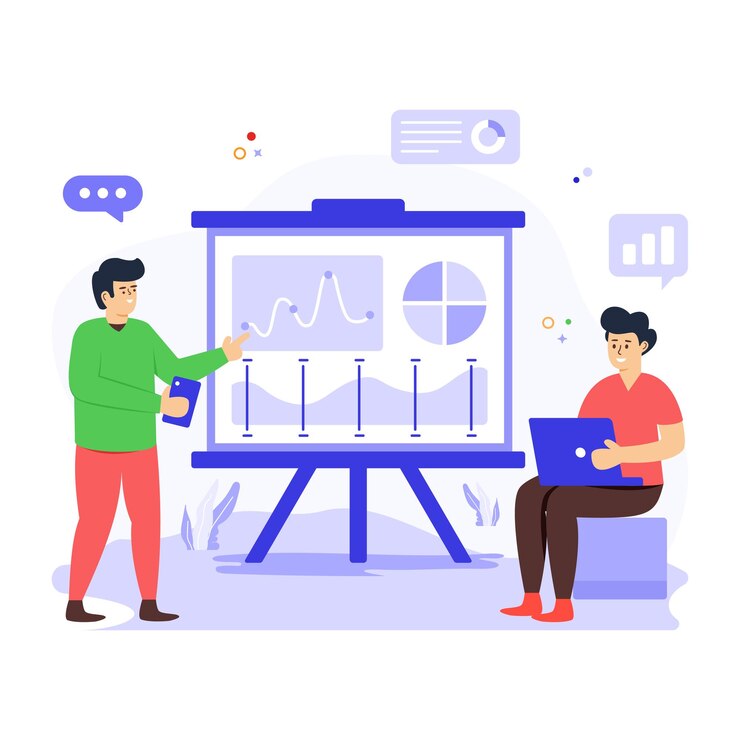 Vector ilustrasi datar obrolan diskusi orang dan grafik dari paket bisnis