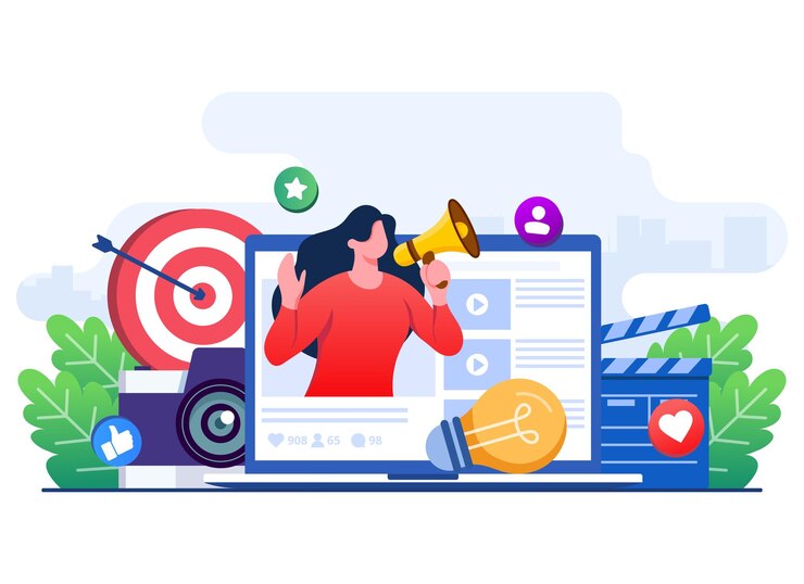 Vector ilustrasi datar pemasaran video kampanye media sosial pemasaran influencer e-commerce