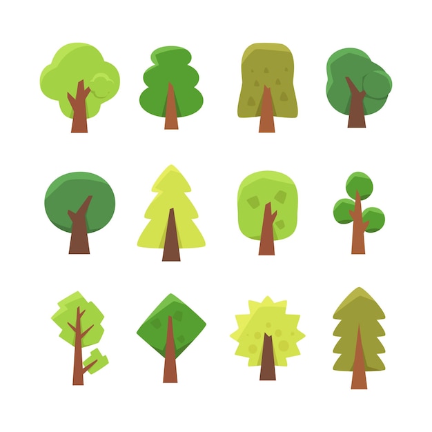 Ilustrasi datar pohon dan tanaman hutan