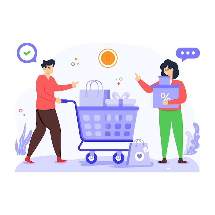 Vector ilustrasi datar tentang belanja yang bisa diedit