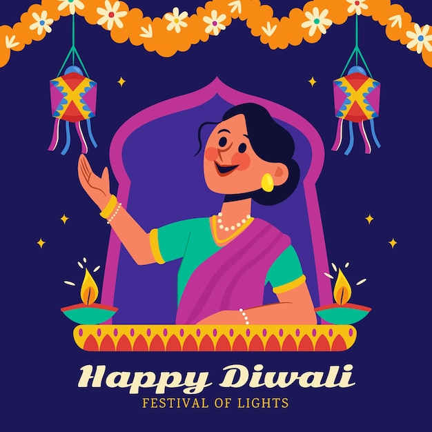 Ilustrasi datar untuk perayaan festival Diwali Hindu