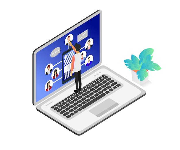Ilustrasi gaya isometrik tentang jaringan tim di komputer online