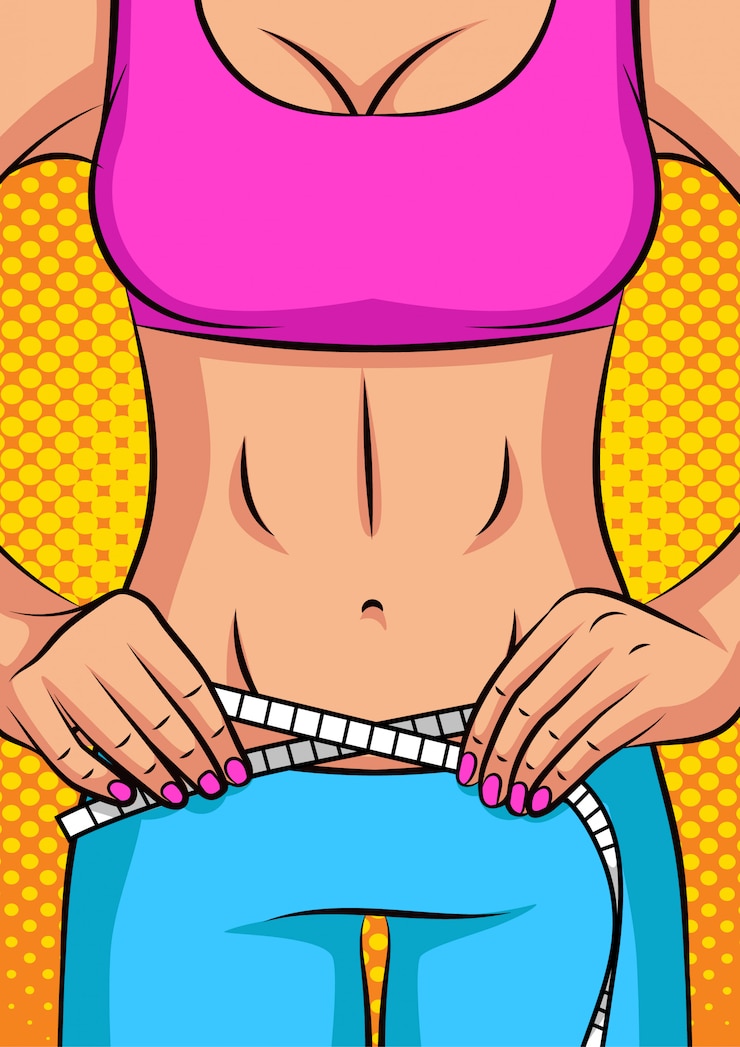 Vector ilustrasi gaya pop art vektor warna. gadis itu mengukur pinggangnya. perut wanita ramping.