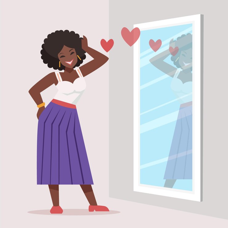 Vector ilustrasi harga diri tinggi dengan cermin dan wanita