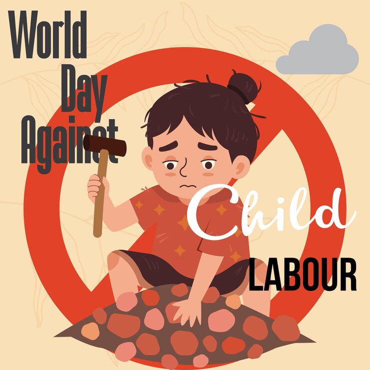Ilustrasi Hari Menentang Pekerja Anak Sedunia dengan seorang anak yang memalu tanda larangan batu