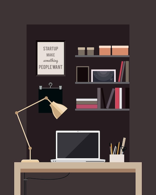 Ilustrasi interior kantor rumah datar dengan desktop