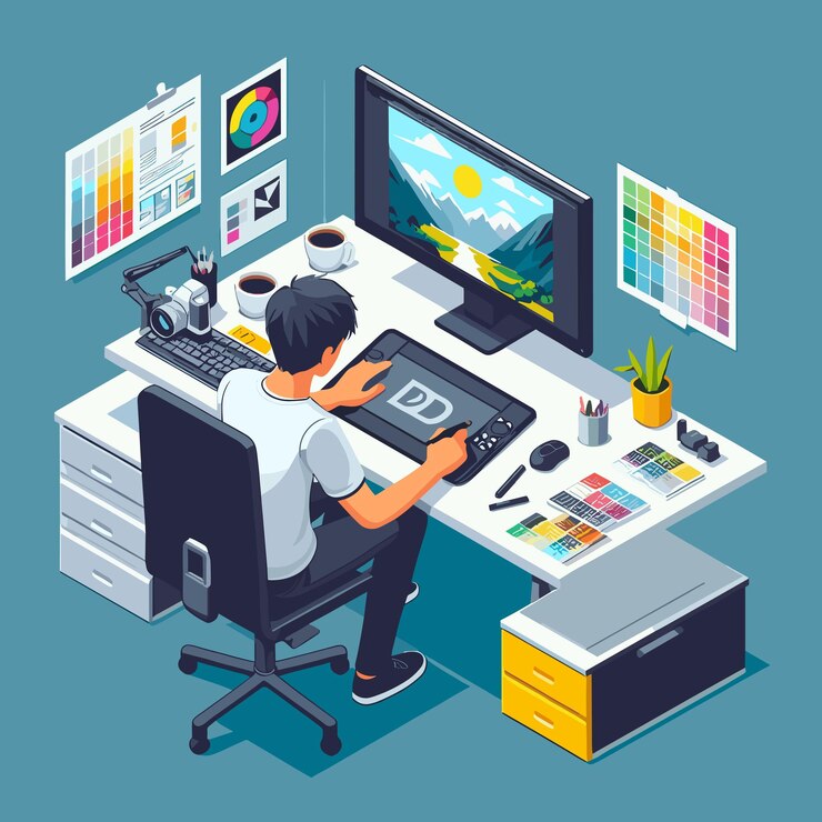 Vector ilustrasi isometrik datar dari ruang kerja designer grafis