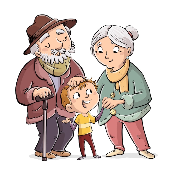 Vector ilustrasi kakek nenek dengan cucu