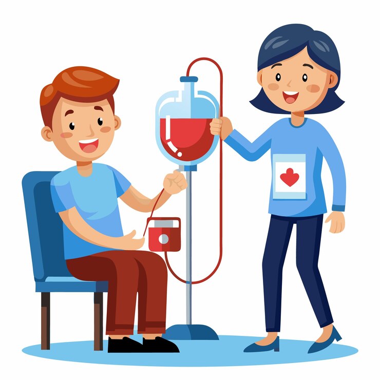 Vector ilustrasi karakter kartun ceria donor darah yang mendorong donor darah
